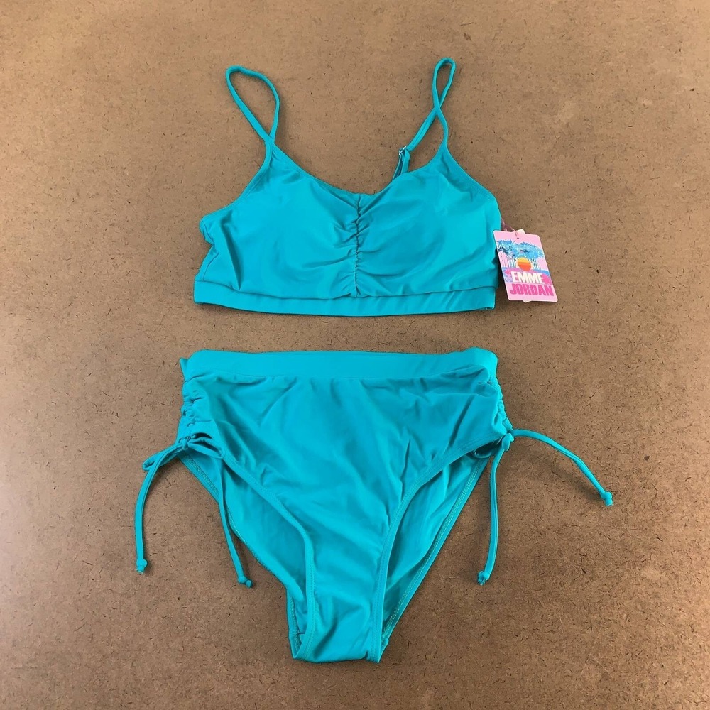 Emme Jordan Womens Large Blue 2 Piece Ruched High Waisted Bikini Swimsuit NWT